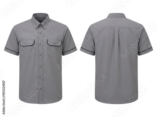 Professional gray short-sleeved collared uniform shirt displayed from front and back views, suitable for business, service industry, or workwear apparel