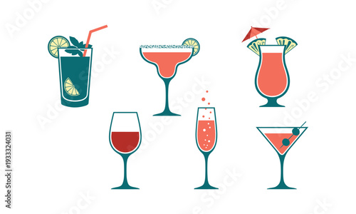 Colorful collection of various alcoholic and non alcoholic beverages in glasses