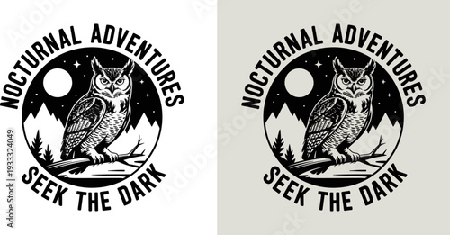 Great Horned Owl Nocturnal Adventures Flat Vector Illustration, Retro Wild Wildlife Graphic Design