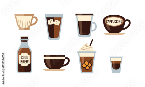 Variety of coffee drinks and brewing methods illustrated in flat design