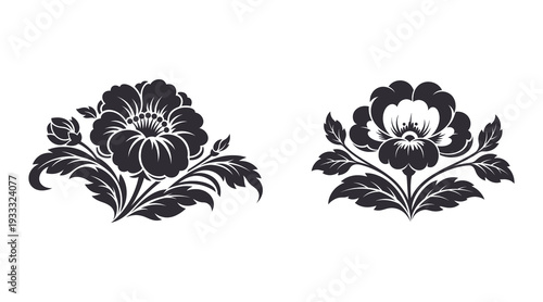 Black and white floral illustrations of two blooming flowers with leaves on a plain background
