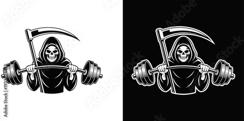 Grim Reaper Weightlifting Fitness Mascot, Grim Reaper Lifting Barbell Flat Illustration