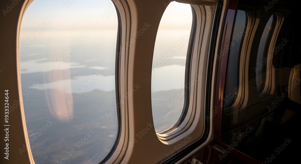 Fototapeta premium View through airplane window at sunset over clouds and water