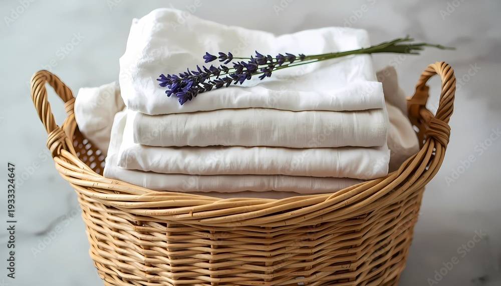 Obraz premium Woven basket filled with neatly folded white linen and lavender sprig, fresh laundry