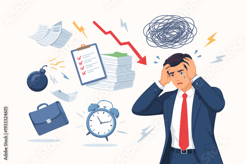Stressed Businessman Overwhelmed by Heavy Workload, Deadlines, and Financial Loss Vector Illustration Representing Corporate Burnout, Anxiety, Professional Crisis, and Mental Health Struggles