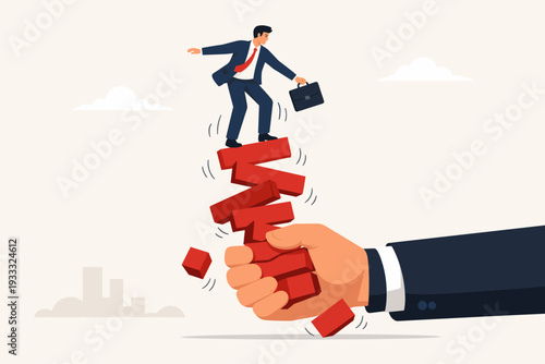 Businessman balancing on a stack of shaky red blocks shaken by a giant hand, representing business risk, economic instability, corporate sabotage, financial crisis, and market volatility.