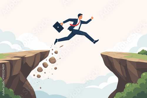 Businessman in a suit with a briefcase jumping across a deep gap between two mountain cliffs, overcoming obstacles and taking risks for career success and business growth, vector illustration.