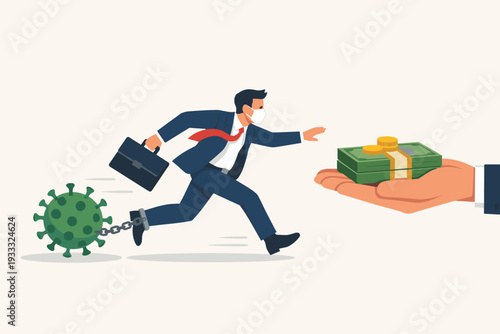 Businessman Wearing Face Mask Chained to Coronavirus Pathogen Running Towards a Helping Hand Offering Money Stimulus Package, Representing Economic Recovery and Financial Aid During Pandemic