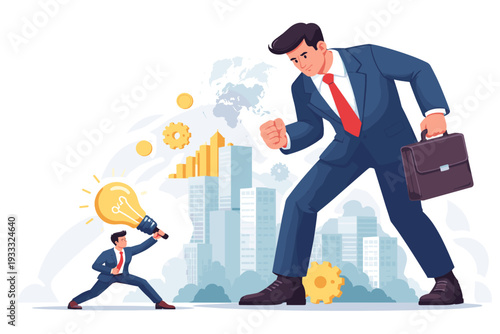 David vs Goliath Concept with Small Businessman Using a Creative Idea Lightbulb to Fight Against a Giant Corporate Businessman, Representing Innovation vs Big Business Competition and Challenges.