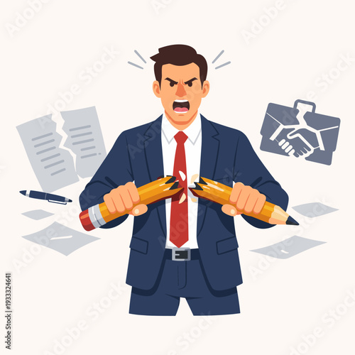 Furious businessman breaking a pencil, symbolizing a failed business deal, contract termination, and partnership breakup with torn paper and broken handshake icon in a flat vector style.