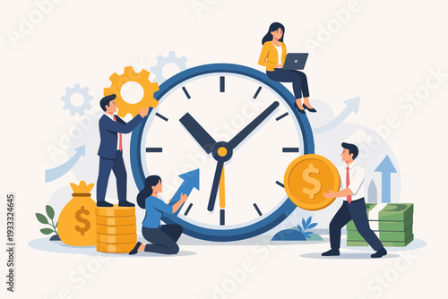 Business Teamwork and Time Management Concept with Diverse Professionals Working Together Around a Large Clock, Using Gears, Money, and Laptop for Productivity, Efficiency, and Financial Success.