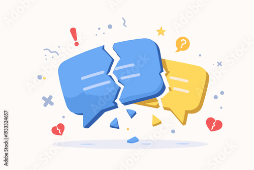 Failed Communication and Broken Relationship Concept with Cracked Speech Bubbles Falling Apart. Vector Illustration of Unsuccessful Messaging, Misunderstanding, Conflict, Divorce, and Heartbreak.