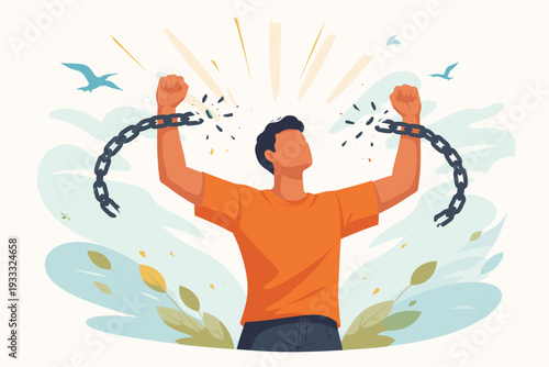 Freedom and Liberation Concept with a Man Breaking Chains and Raising His Arms in Triumph. Vector Illustration of Hope, Justice, and Empowerment Symbolizing Success and Overcoming Obstacles.