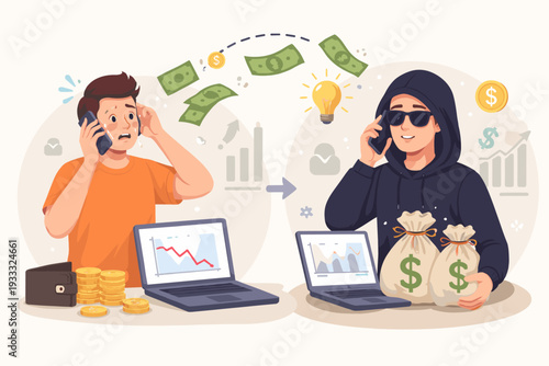 Financial Fraud Concept Illustration with Scammer Stealing Money from Distressed Victim via Phone Call. Cybercrime, Telephone Scam, Online Theft, and Identity Fraud Vector Design.