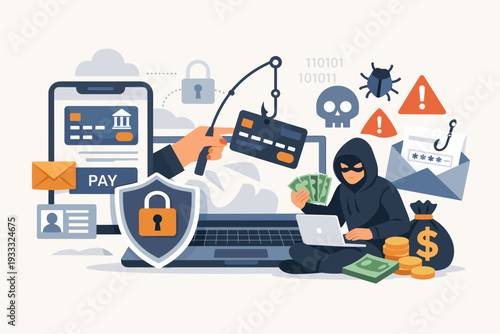 Cyber Security and Online Fraud Concept with Hacker Stealing Personal Data and Money from Laptop and Smartphone via Phishing Attack, Digital Identity Protection and Financial Safety Illustration