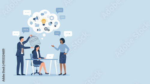 Freedom of Speech and Thought in Business Concept with Coworker Lifting Cage from Woman Head to Release Creative Ideas, Innovation, and Opinion in Workplace Environment Illustration