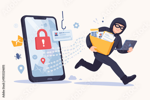 Cyber Criminal Hacker Stealing Personal Data and Private Information from Mobile Phone, Phishing Attack and Identity Theft Concept Vector Illustration of Digital Security Breach and Fraud