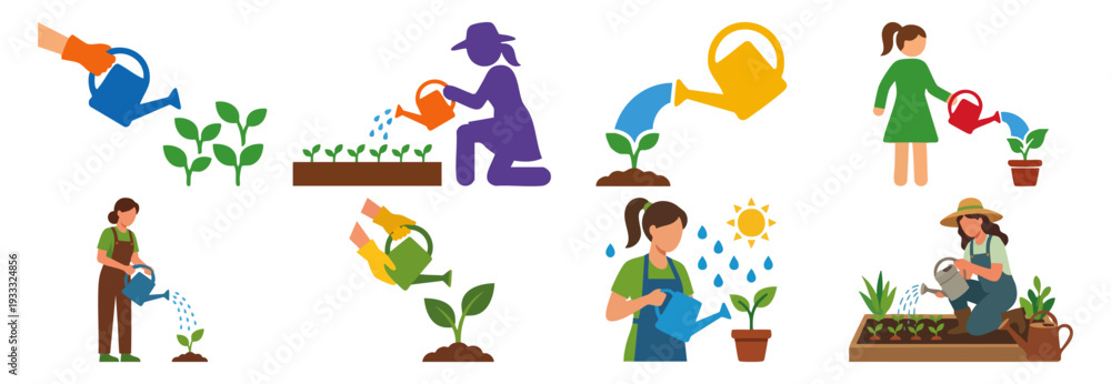 Fototapeta premium GARDENING MOM - Watering can nourishing a sprouting plant Flat Vector Illustration on Transparent Background