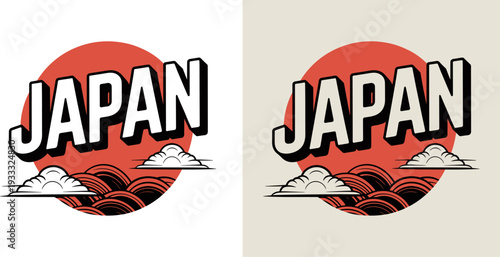 Japan Retro Travel Graphic with Rising Sun and Sea Waves, Flat Vector Souvenir Illustration