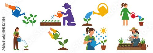 GARDENING MOM - Watering can nourishing a sprouting plant  Flat Vector Illustration on Transparent Background