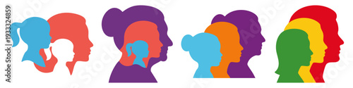 GENERATIONS - Three nesting profiles of daughter mother and grandma  Flat Vector Illustration on Transparent Background
