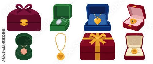 JEWELRY GIFT - Elegant locket necklace inside a velvet box  Flat Vector Illustration on Transparent Background