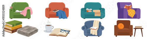  STAYCATION - Cozy armchair with a book and a soft blanket  Flat Vector Illustration on Transparent Background