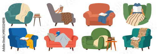 STAYCATION - Cozy armchair with a book and a soft blanket  Flat Vector Illustration on Transparent Background