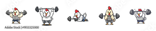 Cute Chicken Gym Workout Mascot Cartoon Weightlifting Vector Character Set