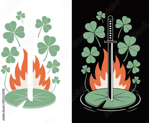 Japanese Katana Sword in Lily Pad with Fire and Clovers, Zen Nature Illustration, Flat Vector Art