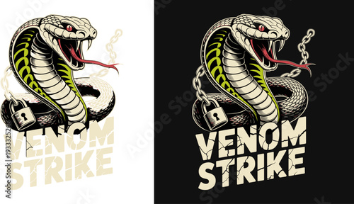 King Cobra Venom Strike with Lock and Chain Flat Vector Illustration, Edgy Streetwear Graphic Art