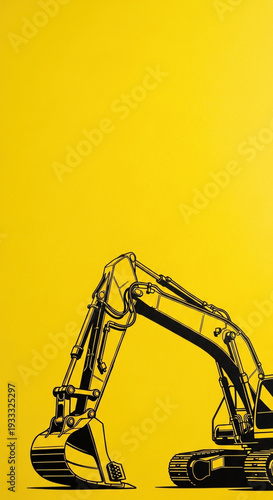 Excavator Arm Close-Up on Vibrant Yellow Background for Construction Blogs, Industrial Websites, Heavy Equipment Awareness, and Trade Articles