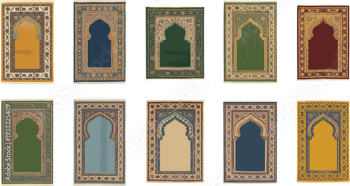 Traditional Islamic prayer rugs collection, ornate mihrab designs, Muslim worship mats, colorful religious textiles, Arabic pattern carpets, Islamic art, devotion