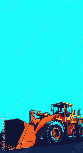 Front Loader on Cyan Background with Empty Space for Construction Websites, Industrial Blogs, Machinery Articles, and Heavy Equipment Content