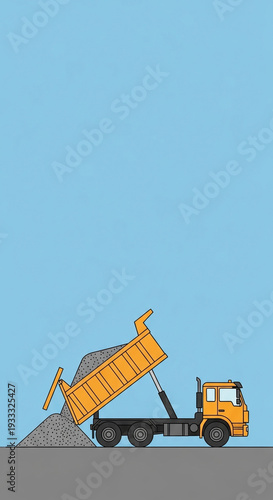 Dump Truck Unloading Gravel in a Geometric Minimal Style for Construction Blogs, Website Illustrations, Industrial Design Content, and Educational Materials