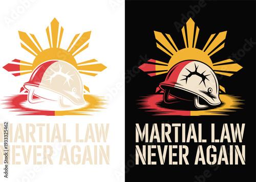 Martial Law Never Again Philippines Protest Graphic, Military Helmet and Sun Flat Illustration