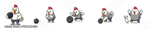 Cute Rooster Bowling Player Mascot Cartoon Vector Sport Character Set