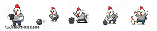 Cute Chicken Bowling Mascot Cartoon Athlete Vector Character Collection