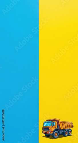 Bright Blue and Yellow Background with Dump Truck Illustration for Advertising, Marketing Materials, Website Design, Construction Industry, and Creative Projects