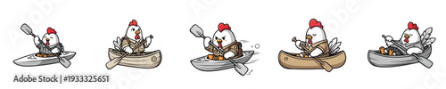 Cute Rooster Kayaking Adventure Mascot Cartoon Outdoor Vector Character Set
