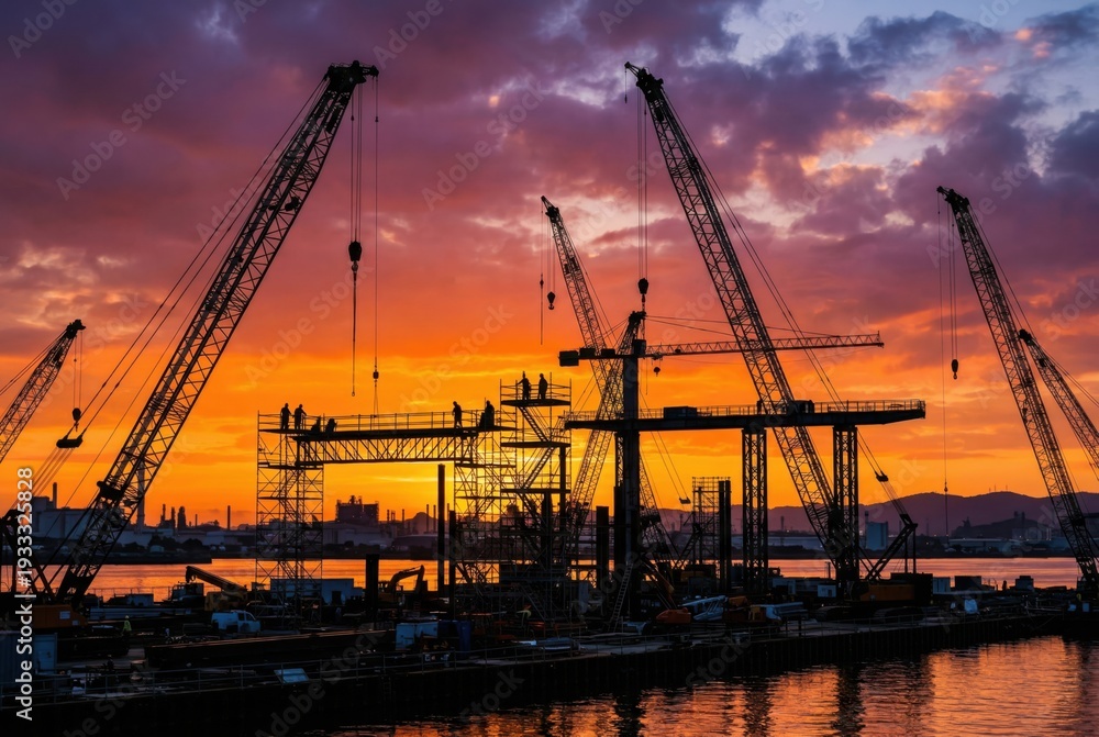 Obraz premium Labour Day. Silhouette of construction cranes and workers at a building site during sunset, with vibrant orange and purple sky reflecting on water