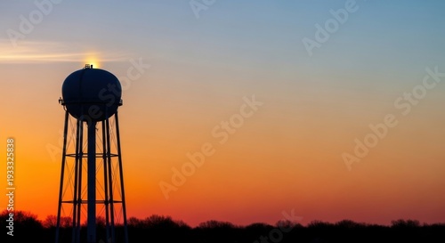 Silhouette of a water tower against a vibrant sunset sky.
