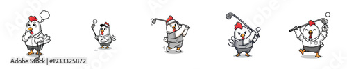 Cute Chicken Golf Player Mascot Cartoon Sport Vector Character Collection