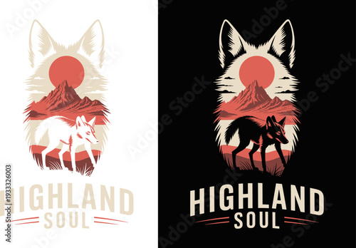 Wolf and Mountain Landscape Highland Soul Typography, Nature Double Exposure Flat Illustration