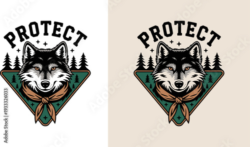 Wolf Head Forest Explorer Flat Vector Illustration, Vintage Retro Wildlife Nature Graphic Art