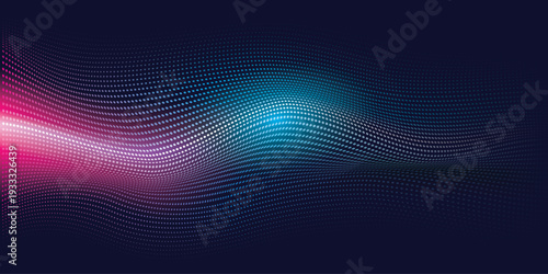 Futuristic abstract background featuring a flowing wave of vibrant pink and cyan neon light dots. The halftone particles create a dynamic 3D digital landscape on a deep dark navy surface.