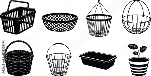 Black outline vector set featuring wicker baskets shopping bins wire storage containers and a potted plant isolated on white background