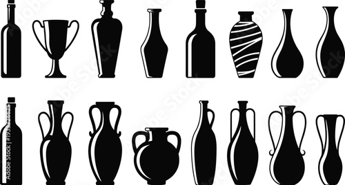 Black silhouette icons of various glassware wine glasses beer mugs ceramic vases pottery and bottles isolated on a plain white background