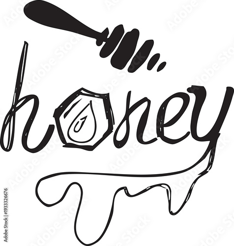 Hand drawn honey lettering with honey dipper and dripping honey. Minimalist black outline vector illustration with handwritten typography and honeycomb element. Perfect for honey packaging, labels