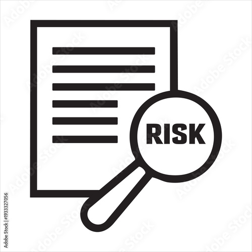 Risk icon. financial report data audit with magnify glass and find error or fraud while inspection symbol mark. report document with adverse risk factor vector logo. harmful result find sign